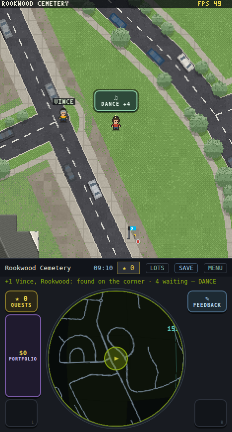 Quest Sydney on a phone: a pixel-art street from above, the round nav disc, QUESTS and FEEDBACK buttons