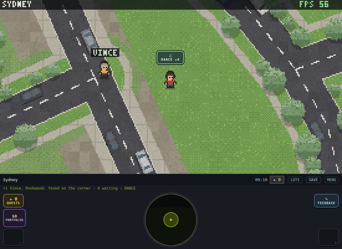 A green park by a road junction, an NPC named Vince standing on the corner, the nav disc below