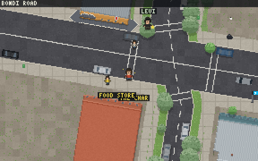 Bondi in Quest Sydney: the player running along Bondi Road in pixel art, the streets and shopfronts from OpenStreetMap, buses on the timetable, birds and cyclists about