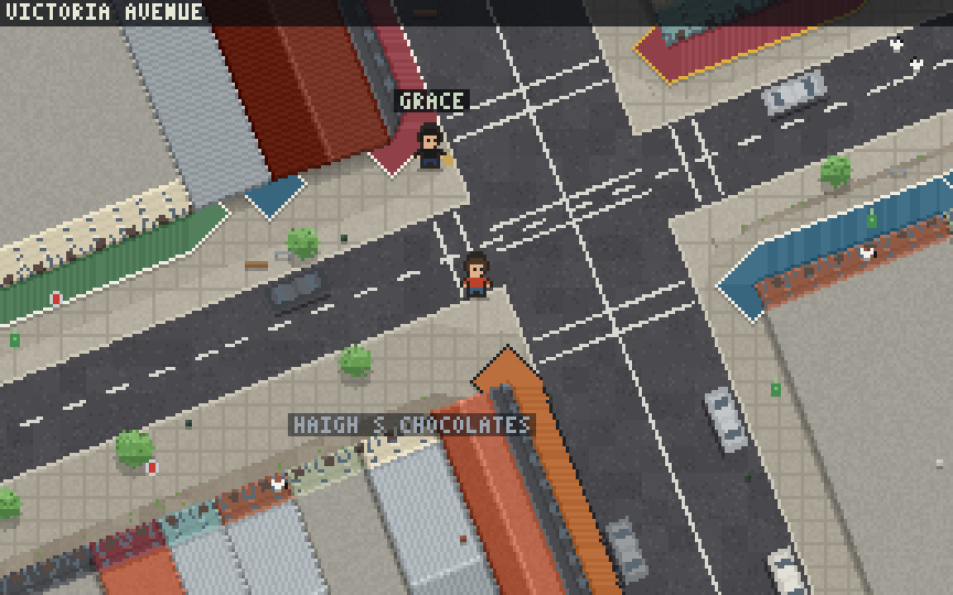 Chatswood in Quest Sydney: the player running along Victoria Avenue in pixel art, the streets and shopfronts from OpenStreetMap, buses on the timetable, birds and cyclists about