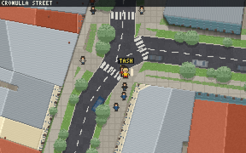 Cronulla in Quest Sydney: the player running along Cronulla Street in pixel art, the streets and shopfronts from OpenStreetMap, buses on the timetable, birds and cyclists about