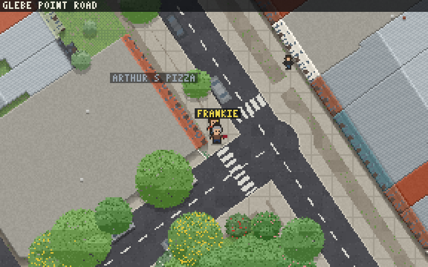 Glebe in Quest Sydney: the player running along Glebe Point Road in pixel art, the streets and shopfronts from OpenStreetMap, buses on the timetable, birds and cyclists about