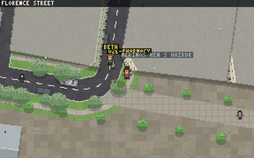 Hornsby in Quest Sydney: the player running along Florence Street in pixel art, the streets and shopfronts from OpenStreetMap, buses on the timetable, birds and cyclists about