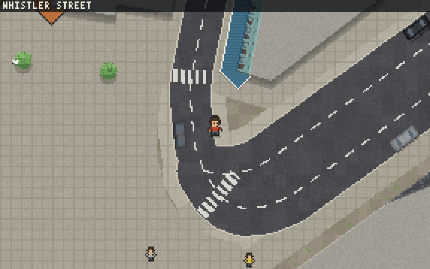 Manly in Quest Sydney: the player running along The Corso in pixel art, the streets and shopfronts from OpenStreetMap, buses on the timetable, birds and cyclists about