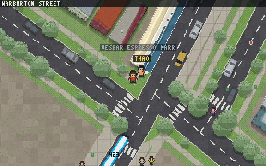 Marrickville in Quest Sydney: the player running along Illawarra Road in pixel art, the streets and shopfronts from OpenStreetMap, buses on the timetable, birds and cyclists about