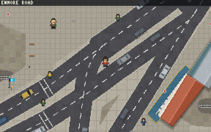 Newtown in Quest Sydney: the player running along King Street in pixel art, the streets and shopfronts from OpenStreetMap, buses on the timetable, birds and cyclists about
