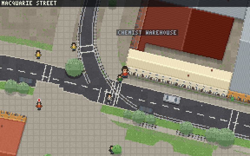 Parramatta in Quest Sydney: the player running along Church Street in pixel art, the streets and shopfronts from OpenStreetMap, buses on the timetable, birds and cyclists about