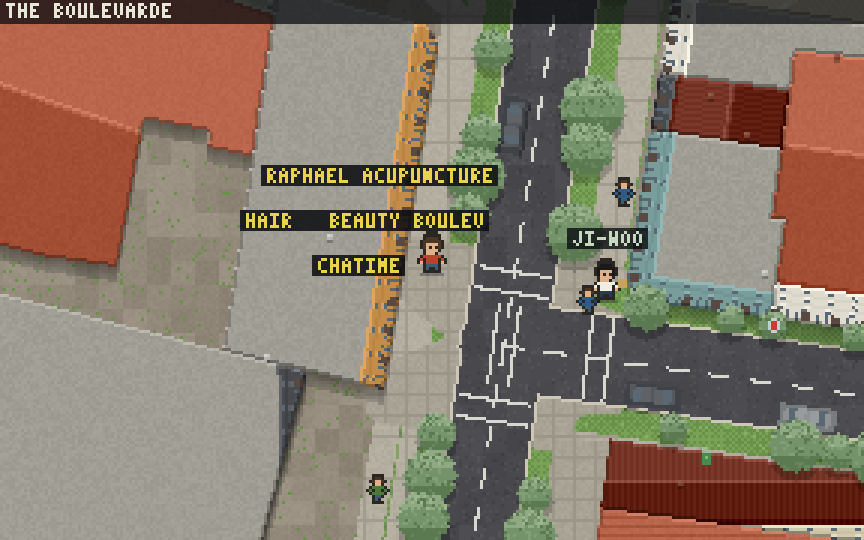 Strathfield in Quest Sydney: the player running along The Boulevarde in pixel art, the streets and shopfronts from OpenStreetMap, buses on the timetable, birds and cyclists about