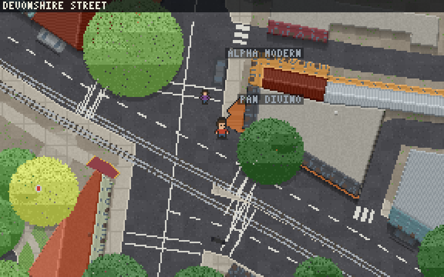 Surry Hills in Quest Sydney: the player running along Crown Street in pixel art, the streets and shopfronts from OpenStreetMap, buses on the timetable, birds and cyclists about