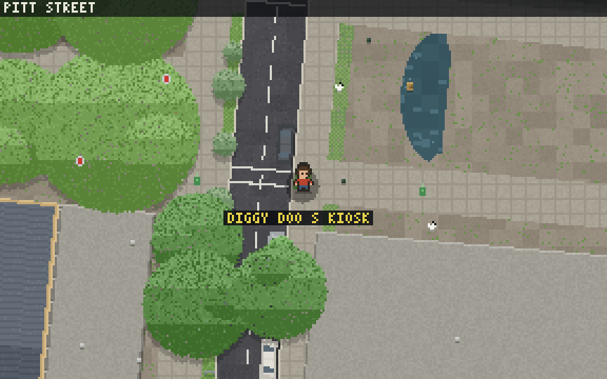 Sydney in Quest Sydney: the player running along Martin Place in pixel art, the streets and shopfronts from OpenStreetMap, buses on the timetable, birds and cyclists about